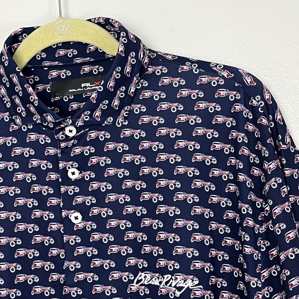 RLX Ralph Lauren Preppy Golf Vintage Car Polo Mens Large Navy Blue Performance